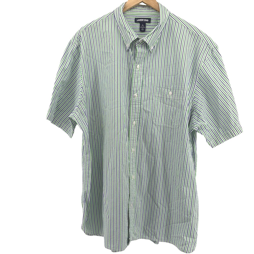 Lands' End XL Mens Striped Short Sleeve Button Down Shirt Green Blue - Picture 3 of 11